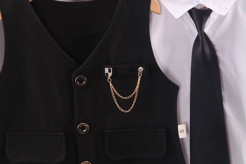 Toddler boys Gentleman Long Sleeve White T-Shirt + plaid suit tie 3 piece Clothes Outfits Boys Formal clothing Set
