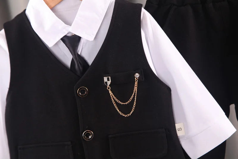 Toddler boys Gentleman Long Sleeve White T-Shirt + plaid suit tie 3 piece Clothes Outfits Boys Formal clothing Set