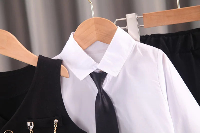 Toddler boys Gentleman Long Sleeve White T-Shirt + plaid suit tie 3 piece Clothes Outfits Boys Formal clothing Set