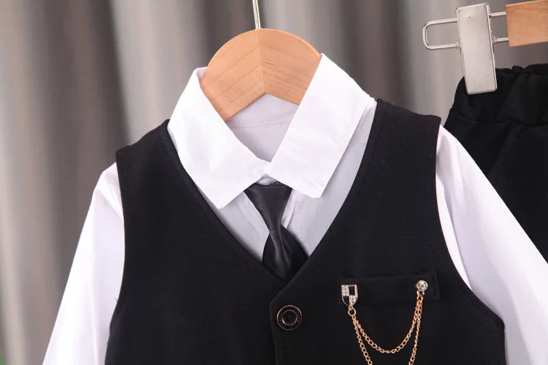 Toddler boys Gentleman Long Sleeve White T-Shirt + plaid suit tie 3 piece Clothes Outfits Boys Formal clothing Set