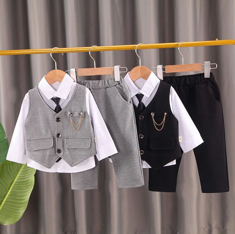 Toddler boys Gentleman Long Sleeve White T-Shirt + plaid suit tie 3 piece Clothes Outfits Boys Formal clothing Set