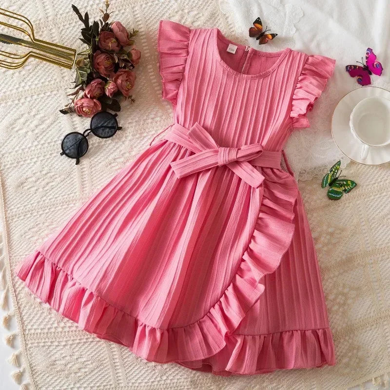 2025 New Summer Dress for Girls 3-8 Years Ruffles Casual Kids Princess Dresses Tulle Stripe Birthday Baby Girls Dress