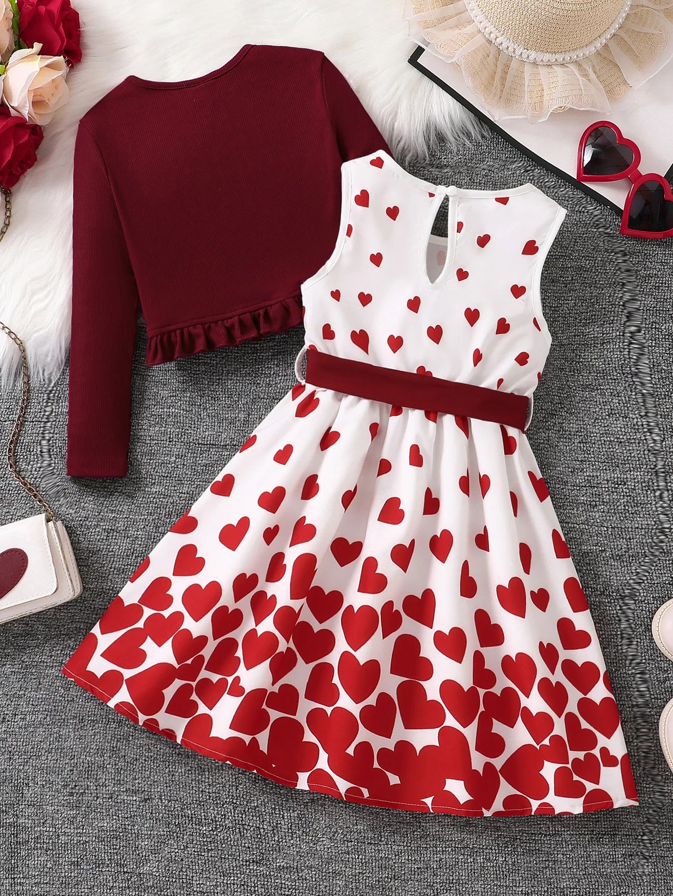 Children's clothing girl autumn fashion casual pink floral dress set 2-piece set - pink round neck vest+pink floral skirt
