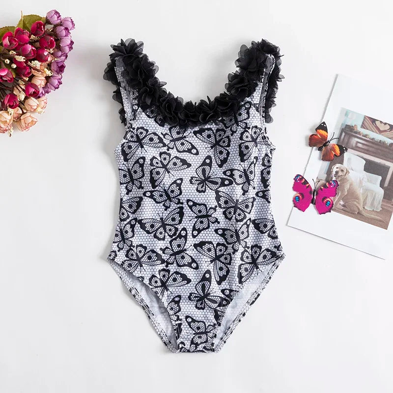 Swimsuit for Kids Girls 2024 Summer New Girls Swimsuit Beach Hot Spring Vacation Style Floral Striped Sling One-Piece Swimsuit