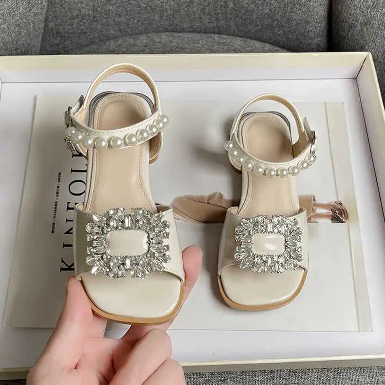 Girl's Sandals Crystal Beading Elegant Patent Leather Children Sliders Open Toe Low Heel Solid Color 26-36 Kids Summer Shoes