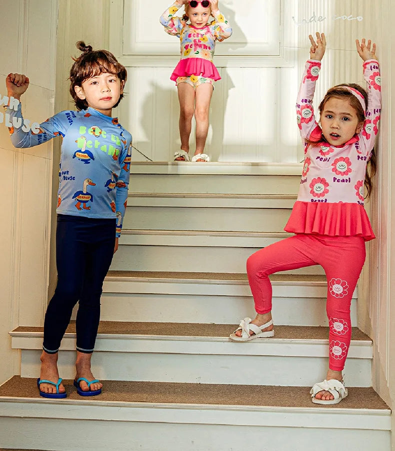 Children's Swimsuit 3-piece Suit Swimwear Girls Cute Flower Sun Protection Long Sleeve Kids' Beach Swimsuit with Swimming Cap