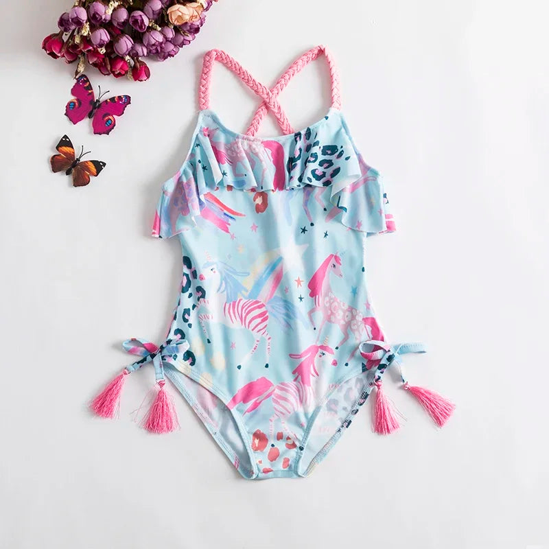 Swimsuit for Kids Girls 2024 Summer New Girls Swimsuit Beach Hot Spring Vacation Style Floral Striped Sling One-Piece Swimsuit
