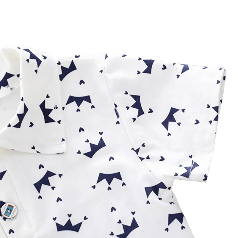 2Pcs Children Clothing for Boy 1-4Y Crown Print Shirt+Jeans Short Summer Cotton Soft Kids Set Toddler Casual Outing Fashion Suit