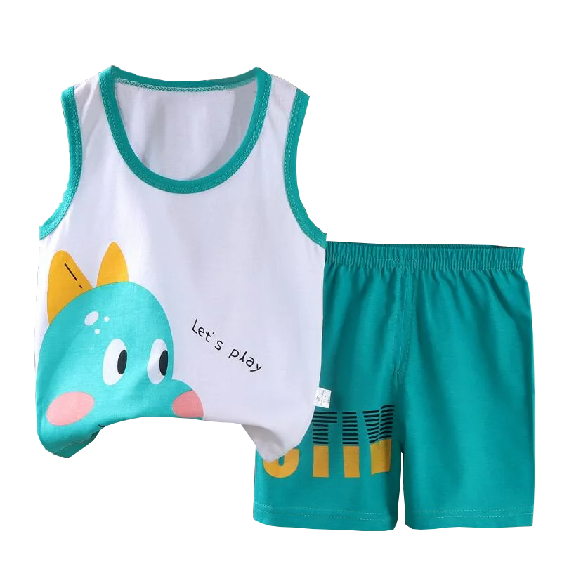 Kids Boys Girls Vest+Shorts 2-Piece Clothing Set Summer Tracksuit Baby Soft Cotton Cartoon Pajamas Home Wear Casual Clothes Suit