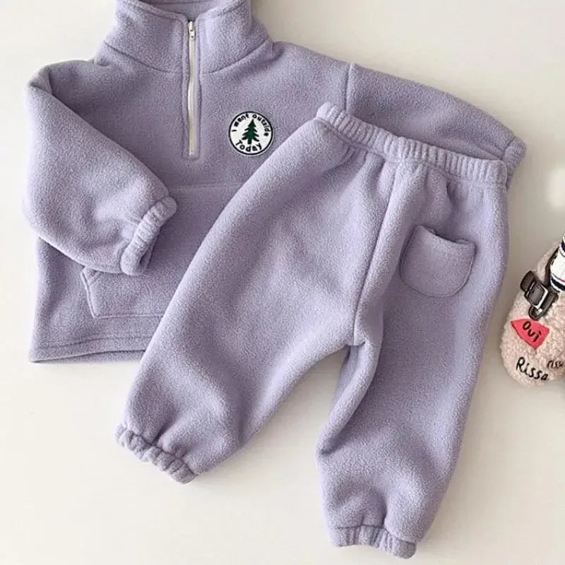 Baby Boys Clothing Sets Children Thicken Sweatshirt Kids Clothes Girls Solid Cotton Long Sleeve Pullover Tops+ Pant Suits 2pcs