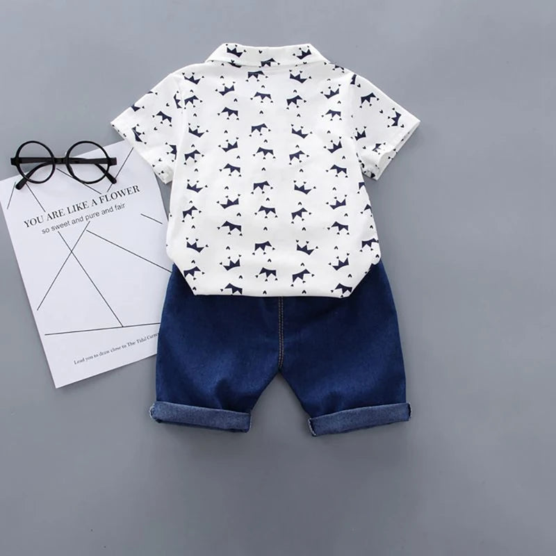2Pcs Children Clothing for Boy 1-4Y Crown Print Shirt+Jeans Short Summer Cotton Soft Kids Set Toddler Casual Outing Fashion Suit
