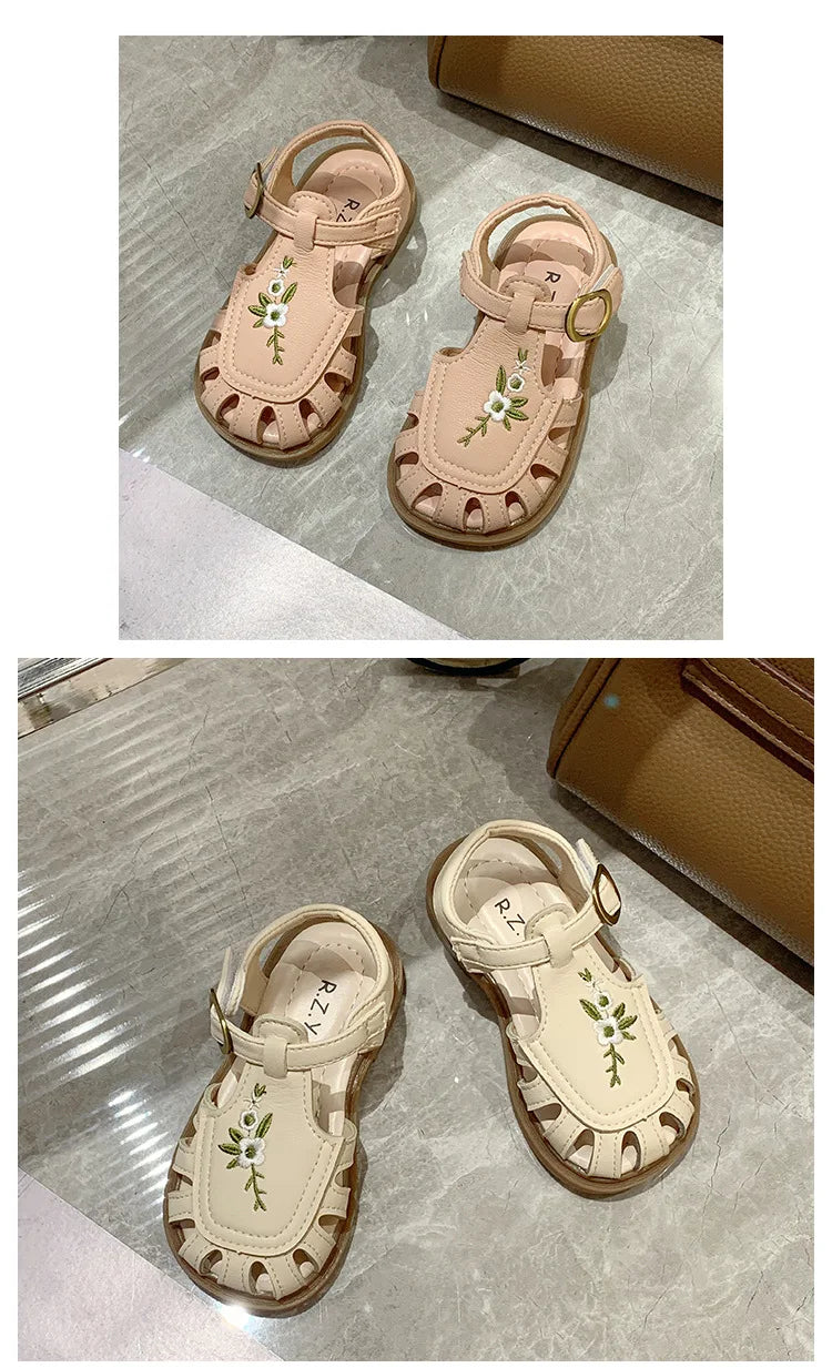 Toddler Girl's Sandals Flower Cut-outs Beige Brown Lovely Children Sliders Summer 21-30 Beautiful Breathable Non-slip Kids Shoes