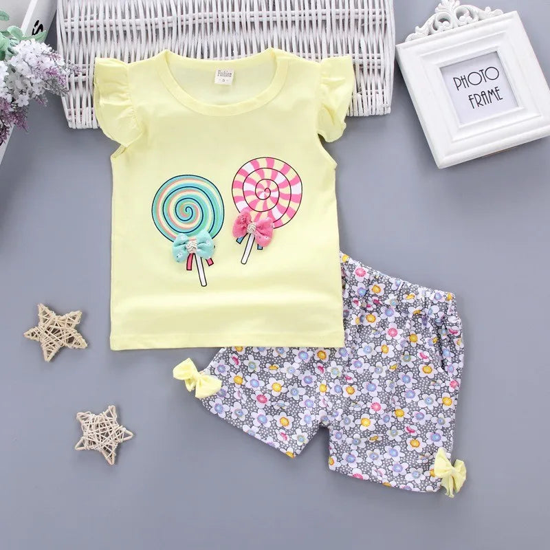 Baby Girls Clothes Sets for Kids T-shirt Tops+Short Pants Clothes Sets Toddler Girl Lollipop Printed Summer Infant Clothing Sets