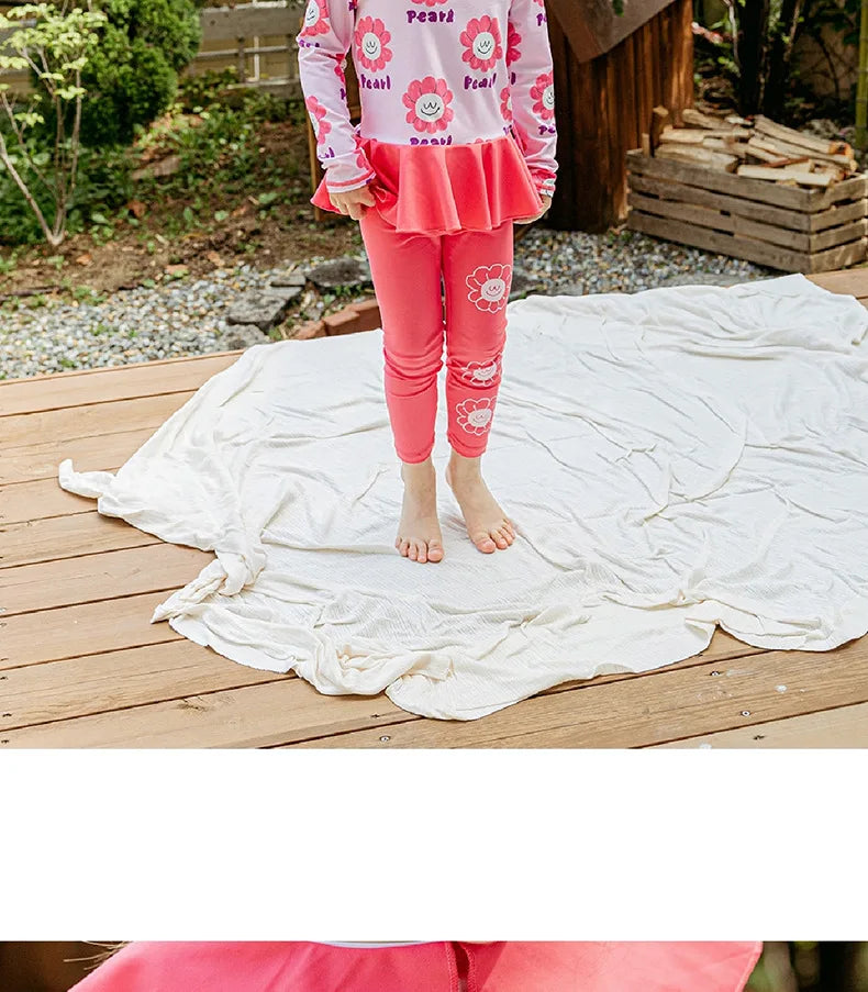 Children's Swimsuit 3-piece Suit Swimwear Girls Cute Flower Sun Protection Long Sleeve Kids' Beach Swimsuit with Swimming Cap