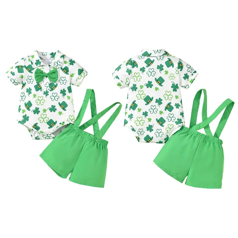 Toddler My First St.Patricks Day Baby Boy Gentleman Outfit Green Bow Tie Short Sleeve Romper Lucky Shamrock Pant Clothes Sets
