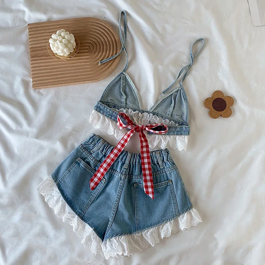 3-16years Teenage Girls Summer Clothes Sets Sleeveless Denim Crop Shirts+Jeans Shorts Pants Toddler Kids Clothing Suits For Girl