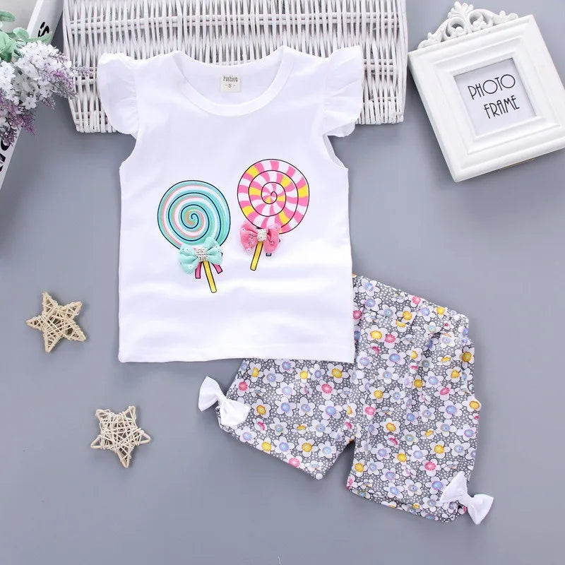 Baby Girls Clothes Sets for Kids T-shirt Tops+Short Pants Clothes Sets Toddler Girl Lollipop Printed Summer Infant Clothing Sets