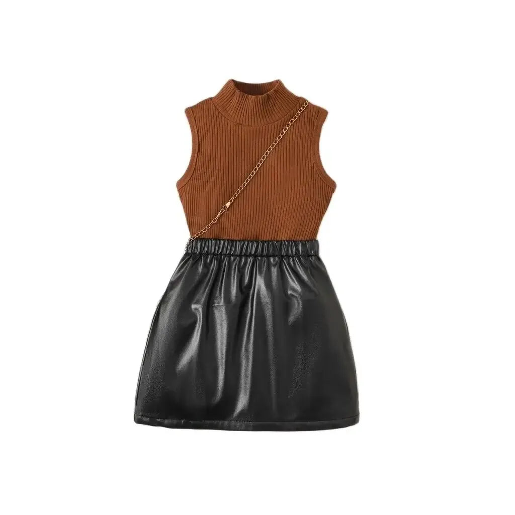 Clothes for Kids Girl 2-7 Years 2PCS Fashion Girl Sleeveless T-shirt Leather Skirt Costume Summer Children Girl Holiday Outfits