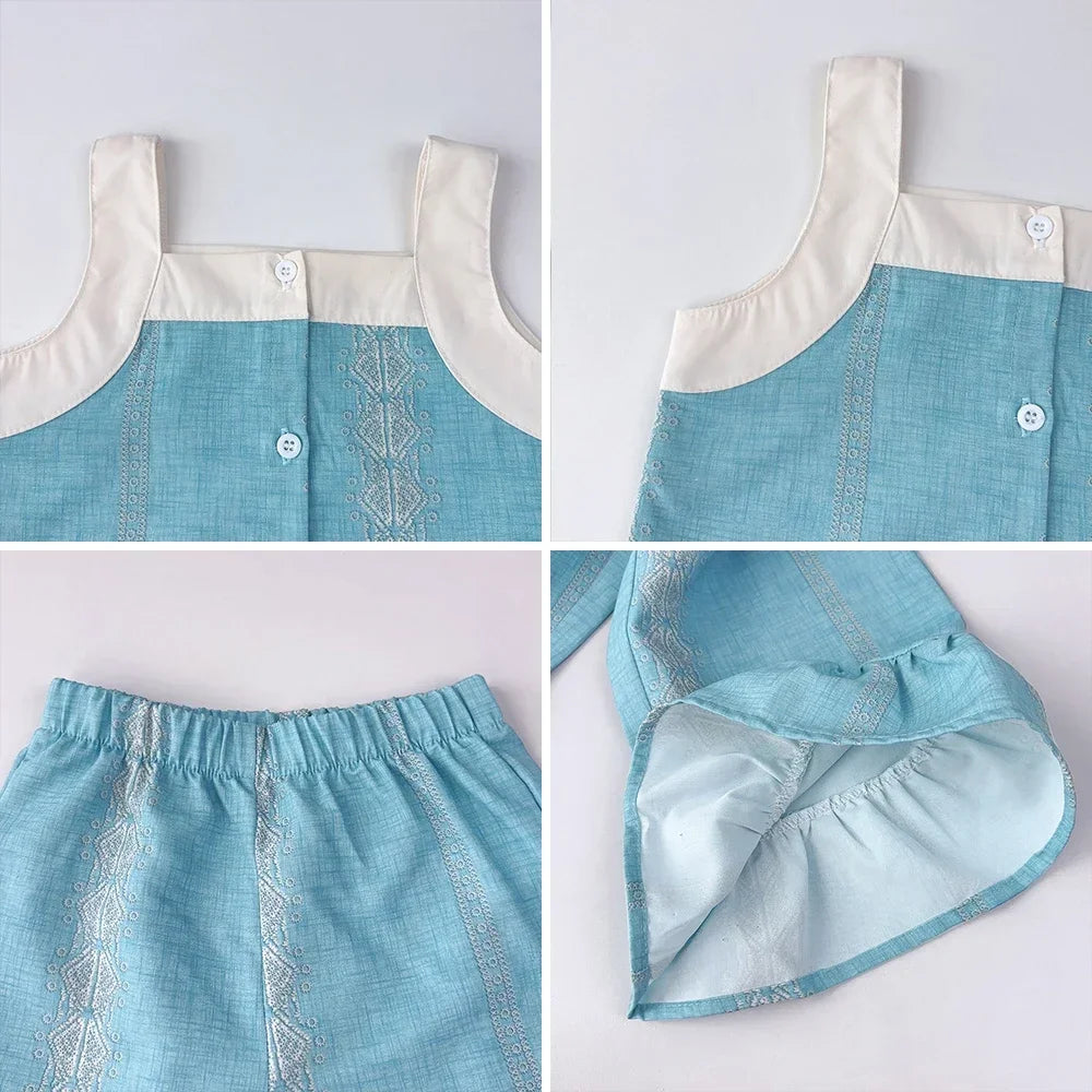 Kids Clothes Blue Printed Camisole Top+wide Leg Pants Set Summer Sleeveless Vest Single Breasted Top Girls' Clothing