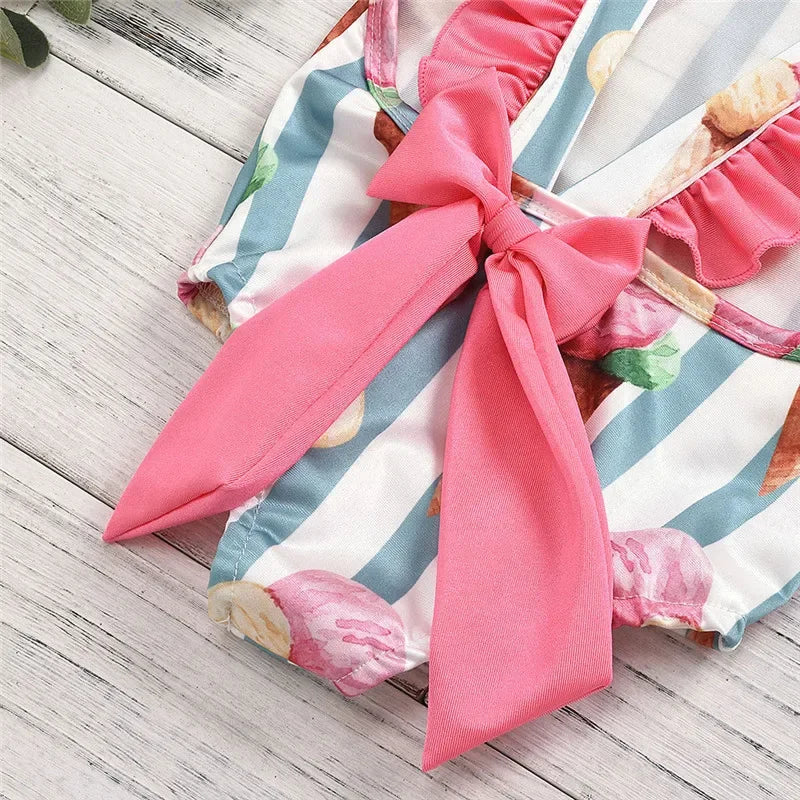 Swimsuit for Kids Girls 2024 Summer New Girls Swimsuit Beach Hot Spring Vacation Style Floral Striped Sling One-Piece Swimsuit