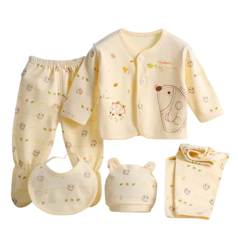 5pcs/set Newborn Baby Suit Set Top 2 Pants Hat Bibs 0-3 M Clothing Set Boy Girl Clothes Pure Cotton Breathable Cartoon Underwear