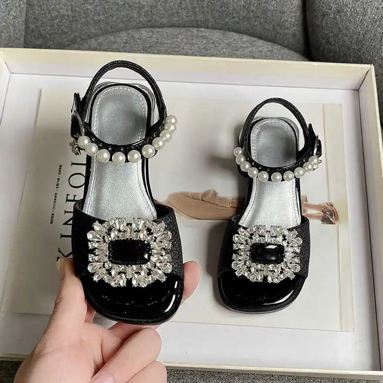 Girl's Sandals Crystal Beading Elegant Patent Leather Children Sliders Open Toe Low Heel Solid Color 26-36 Kids Summer Shoes