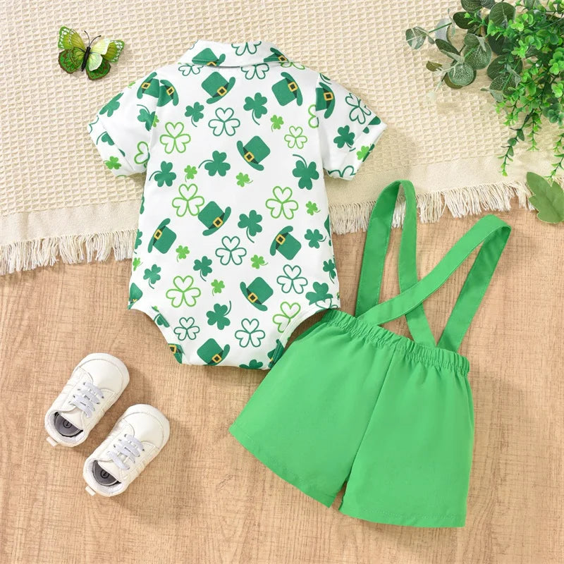 Toddler My First St.Patricks Day Baby Boy Gentleman Outfit Green Bow Tie Short Sleeve Romper Lucky Shamrock Pant Clothes Sets