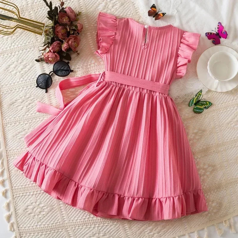 2025 New Summer Dress for Girls 3-8 Years Ruffles Casual Kids Princess Dresses Tulle Stripe Birthday Baby Girls Dress