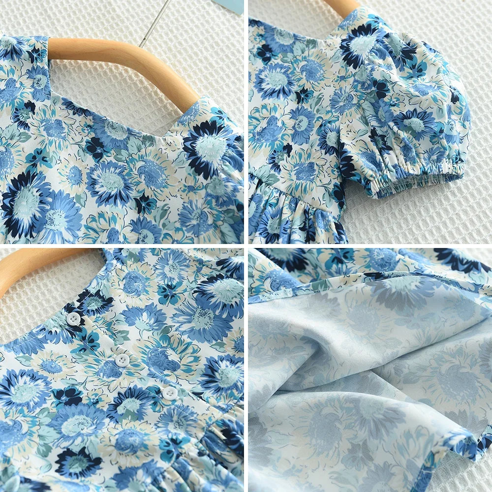 Kid's Dress For 2-6 Years Girls Blue Floral Short Sleeve Princess Dress Summer Fashion Kids Casual Dresses