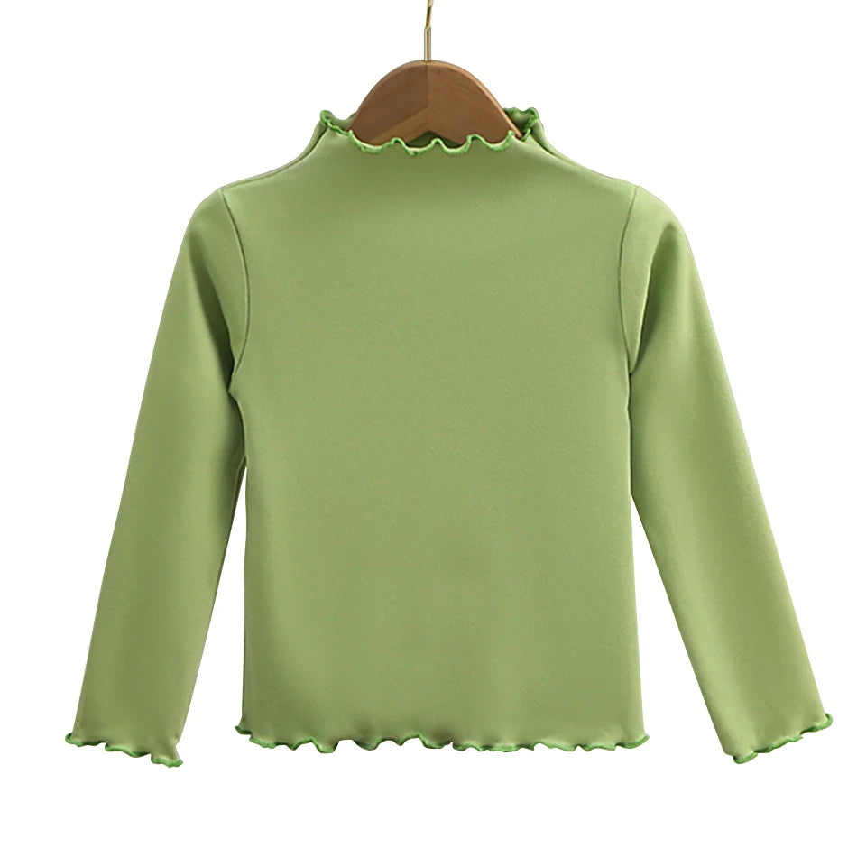 Autumn-Winter Girls Long Sleeve Solid Color T-Shirt with Ruffle Collar Girls Fashionable Comfortable Everyday Wear T-Shirt