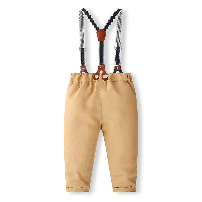 Spring Toddler Boy Outfits Korean Fashion Gentleman Cotton Long Sleeve Shirt+Pants+Straps+Tie Kids Boutique Clothes Sets BC521