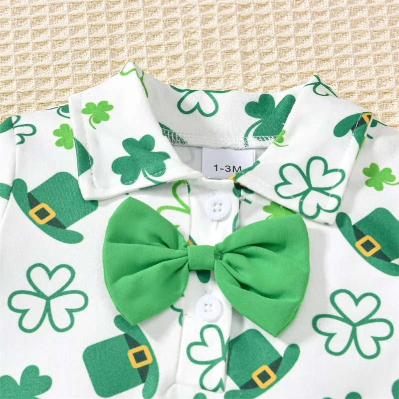 Toddler My First St.Patricks Day Baby Boy Gentleman Outfit Green Bow Tie Short Sleeve Romper Lucky Shamrock Pant Clothes Sets
