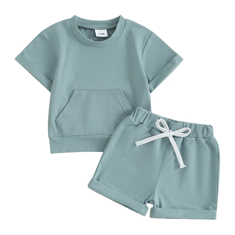 Toddler Infant Boys 2 Piece Outfits Solid Color Short Sleeve Pocket T-Shirt and Elastic Shorts Summer Baby Boy Clothes Set