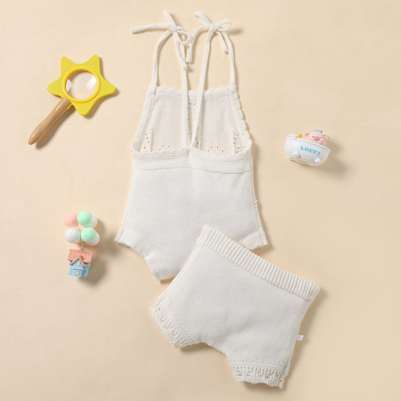 Toddler Baby's Clothes Girl Boy Shorts Suits Solid Color Sling Knit Romper Drawstring Shorts Birthday Gifts Children's Clothing