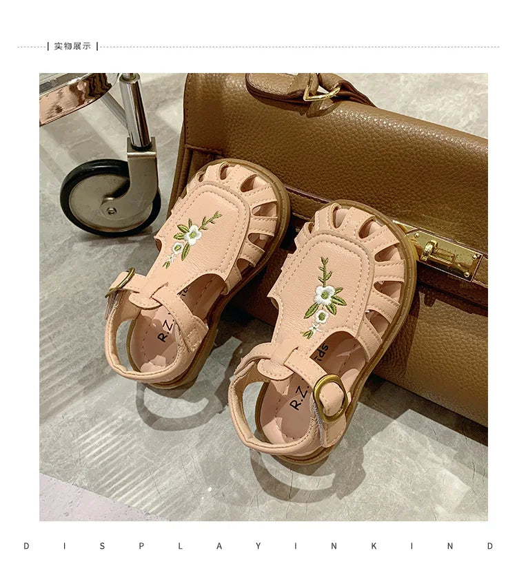 Toddler Girl's Sandals Flower Cut-outs Beige Brown Lovely Children Sliders Summer 21-30 Beautiful Breathable Non-slip Kids Shoes