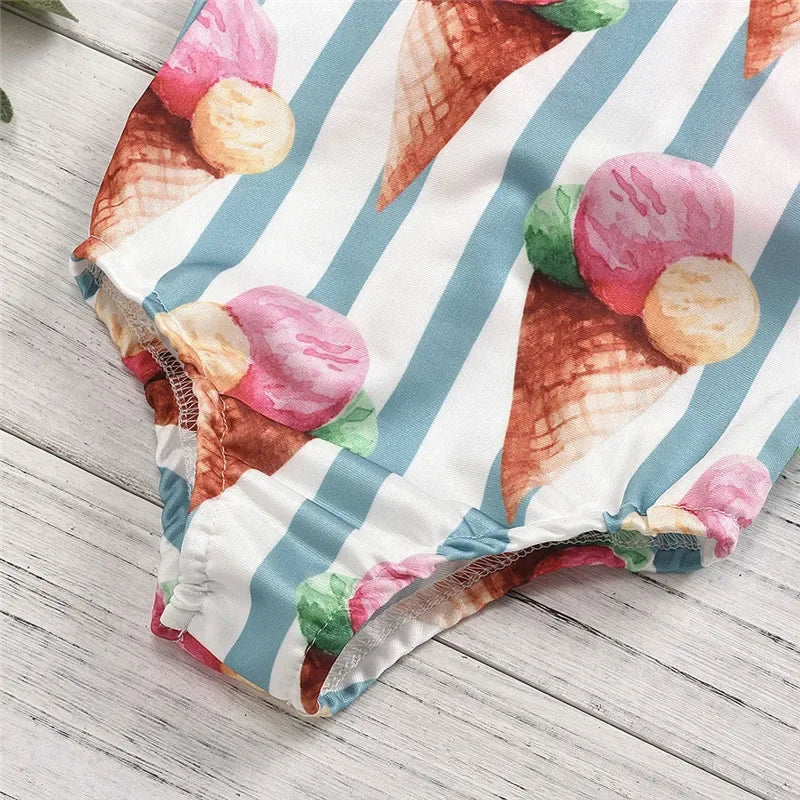 Swimsuit for Kids Girls 2024 Summer New Girls Swimsuit Beach Hot Spring Vacation Style Floral Striped Sling One-Piece Swimsuit