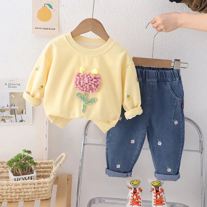 Child wear suit Spring Autumn Korean version girls Sweet and lovely casual sweatshirt top +denim trousers 0-5 Age Kids clothing