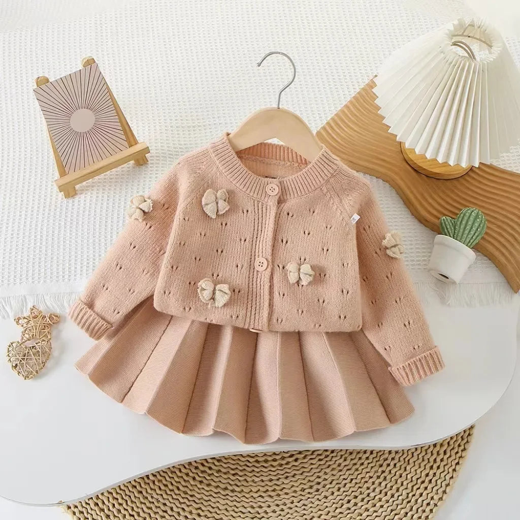 Children's Clothing Sets Cutout Floral Cardigan Sweater + Pleated Skirt Knitted Sweater Girls Winter Clothes Pullovers for Kids