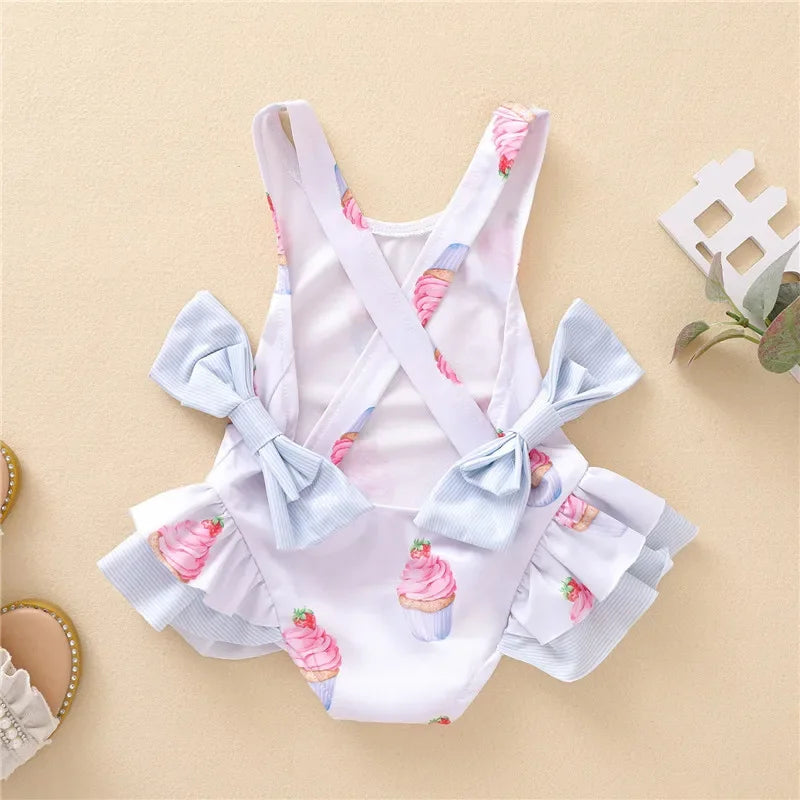 Swimsuit for Kids Girls 2024 Summer New Girls Swimsuit Beach Hot Spring Vacation Style Floral Striped Sling One-Piece Swimsuit
