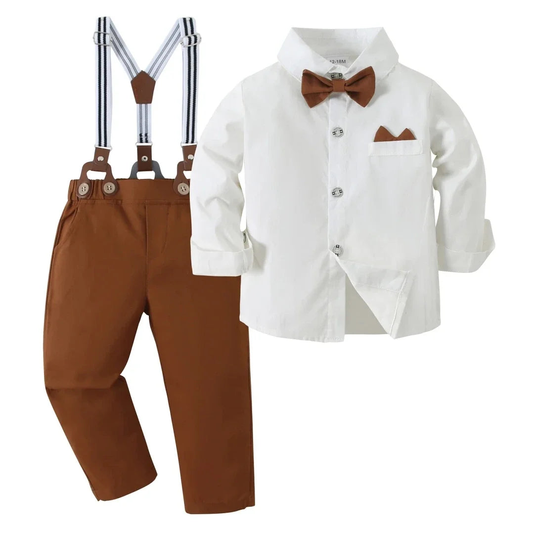 Boy Wedding Clothing Set Solid Cotton Shirt with Pants Kid Suspender suit 1 2 3 4 5 6Years Fall Birthday Costume Gentleman Child