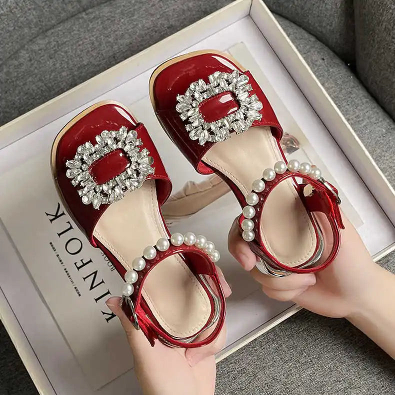 Girl's Sandals Crystal Beading Elegant Patent Leather Children Sliders Open Toe Low Heel Solid Color 26-36 Kids Summer Shoes