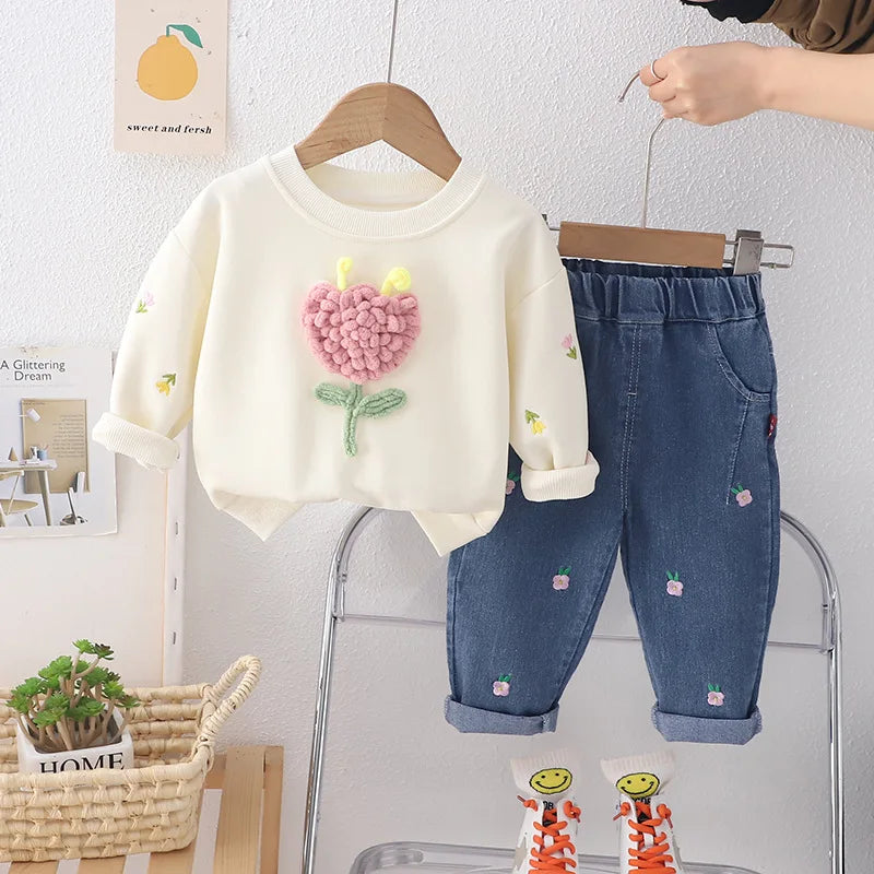Child wear suit Spring Autumn Korean version girls Sweet and lovely casual sweatshirt top +denim trousers 0-5 Age Kids clothing
