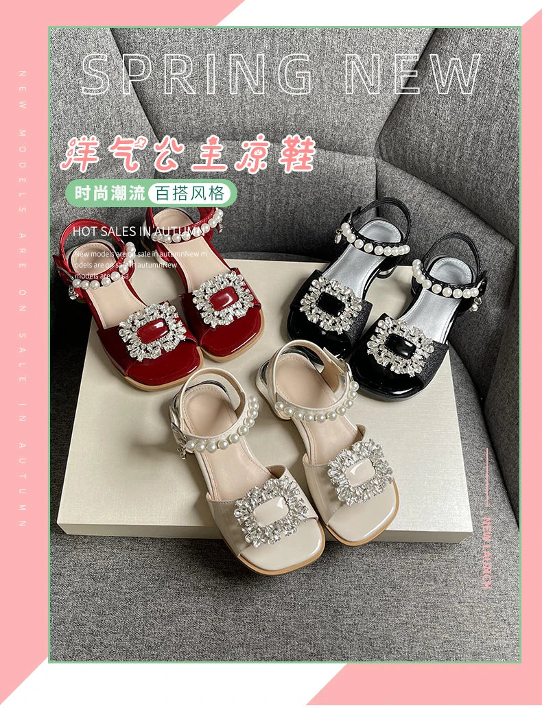 Girl's Sandals Crystal Beading Elegant Patent Leather Children Sliders Open Toe Low Heel Solid Color 26-36 Kids Summer Shoes