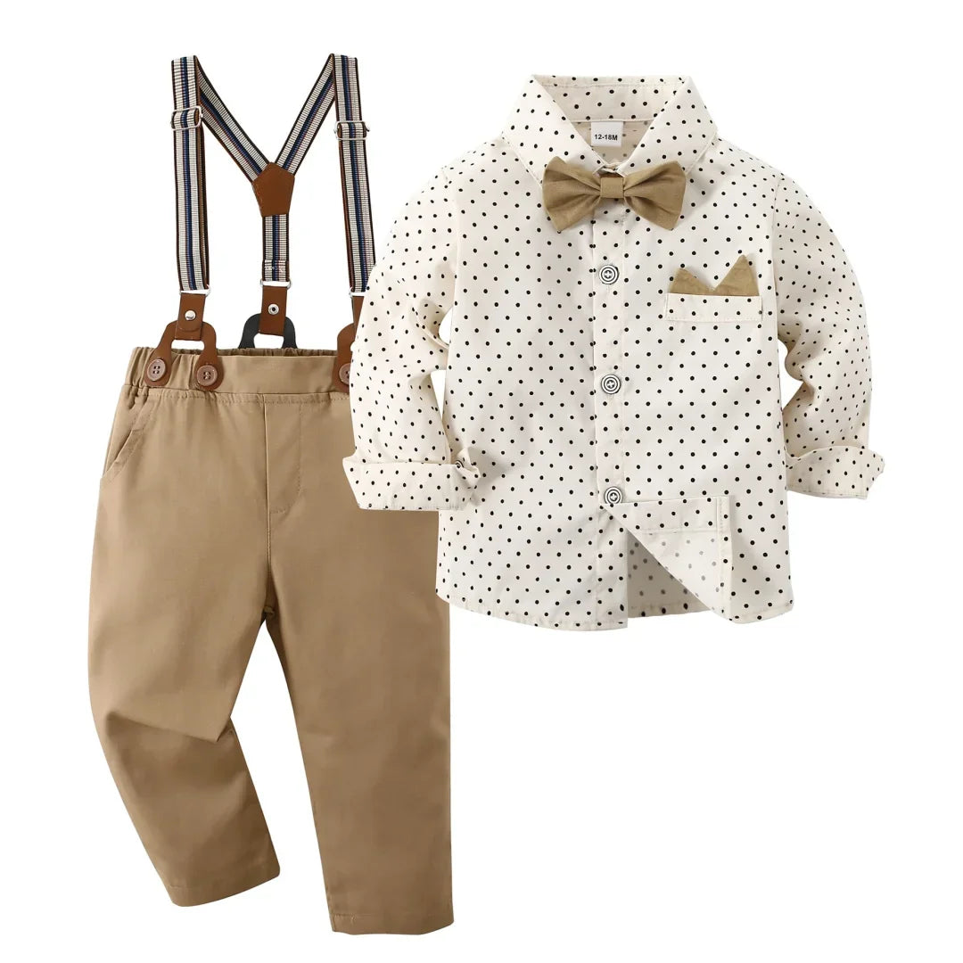 Boy Wedding Clothing Set Solid Cotton Shirt with Pants Kid Suspender suit 1 2 3 4 5 6Years Fall Birthday Costume Gentleman Child