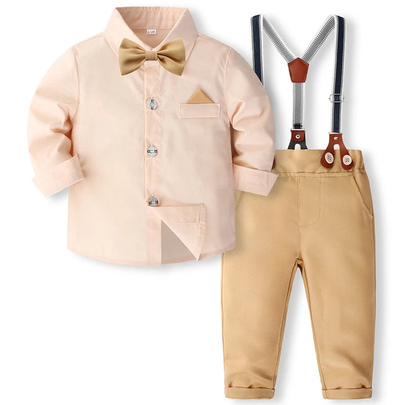 Spring Toddler Boy Outfits Korean Fashion Gentleman Cotton Long Sleeve Shirt+Pants+Straps+Tie Kids Boutique Clothes Sets BC521