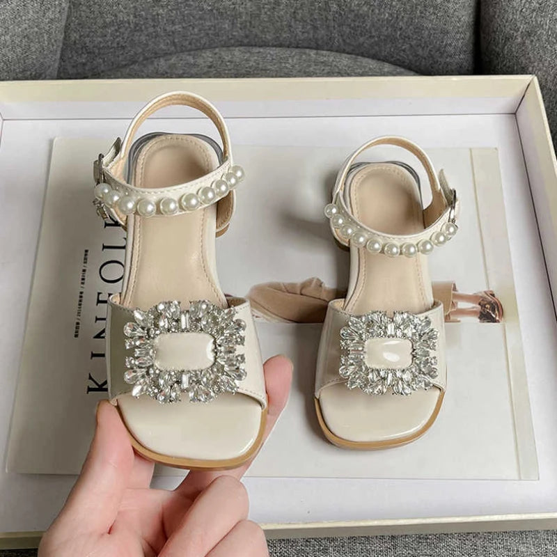 Girl's Sandals Crystal Beading Elegant Patent Leather Children Sliders Open Toe Low Heel Solid Color 26-36 Kids Summer Shoes
