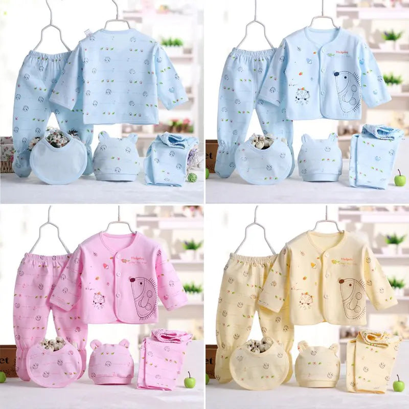5pcs/set Newborn Baby Suit Set Top 2 Pants Hat Bibs 0-3 M Clothing Set Boy Girl Clothes Pure Cotton Breathable Cartoon Underwear