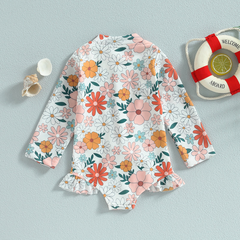 Kids Baby Girl Swimsuits Summer Floral Long Sleeve Zipper Ruffles Jumpsuit Swimwear Beachwear Bathing Suits