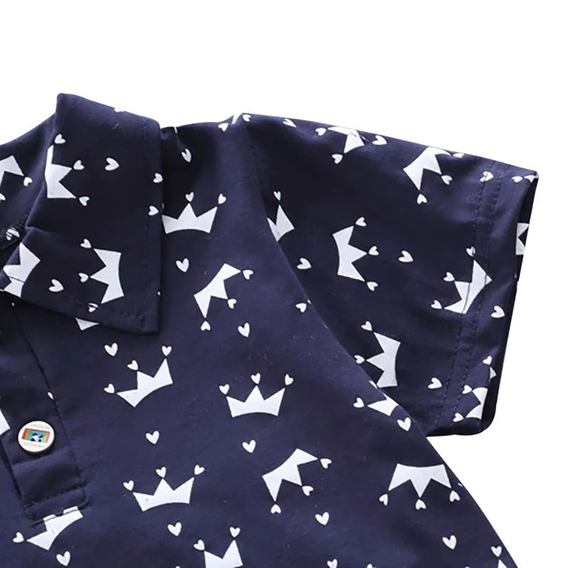 2Pcs Children Clothing for Boy 1-4Y Crown Print Shirt+Jeans Short Summer Cotton Soft Kids Set Toddler Casual Outing Fashion Suit