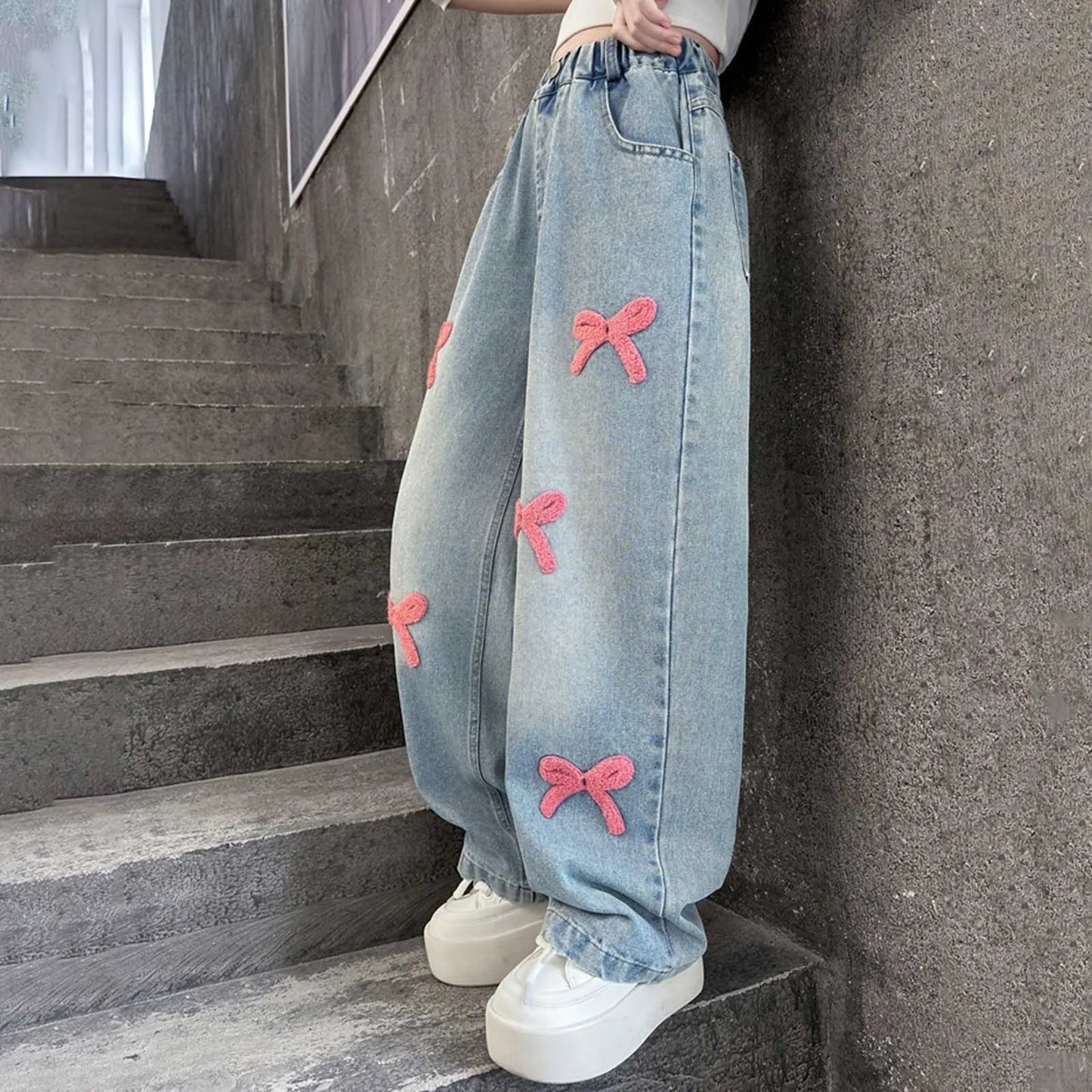 2t Girl Clothes Girls Jeans Streetwear Denim Cargo Pants High Waist Floor Length Baggy Wide Leg Jeans Snow Pants Big Girls